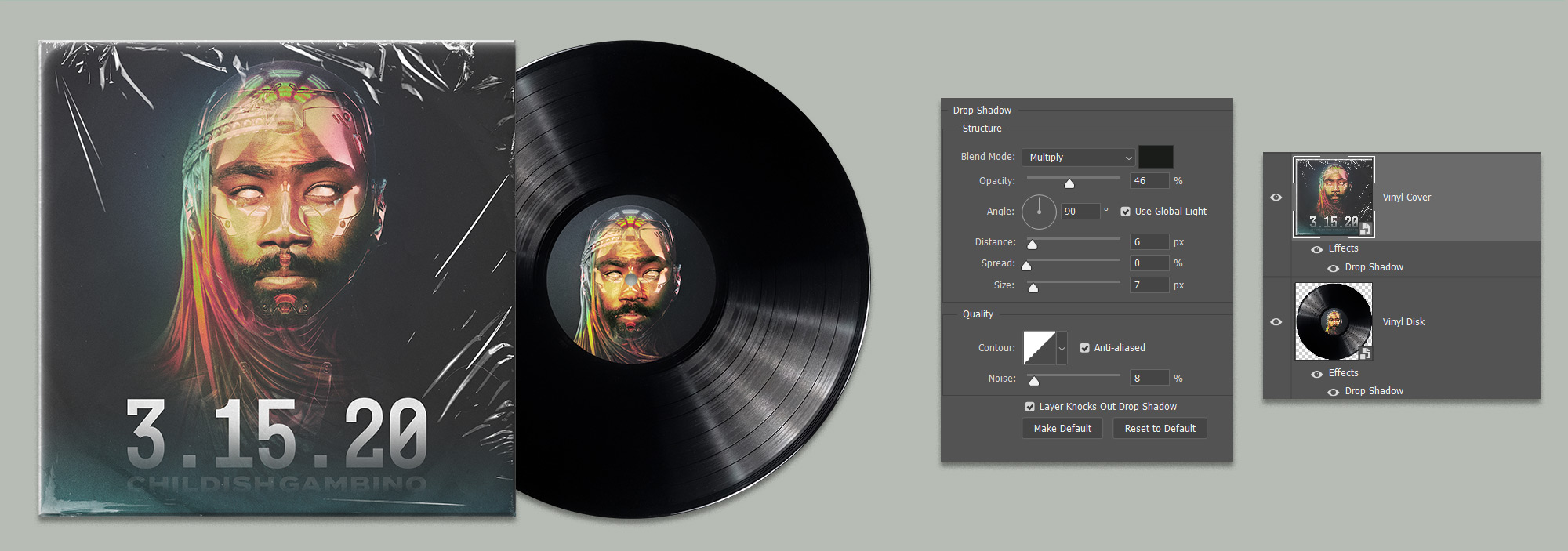 Vinyl disk design mockup in Photoshop for Childish Gambino 3.15.20